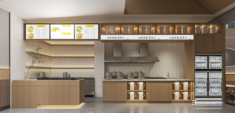 Modern Mall Food Shop Interior With Menu Boards Kitchen Counter And Utensils 3d model 