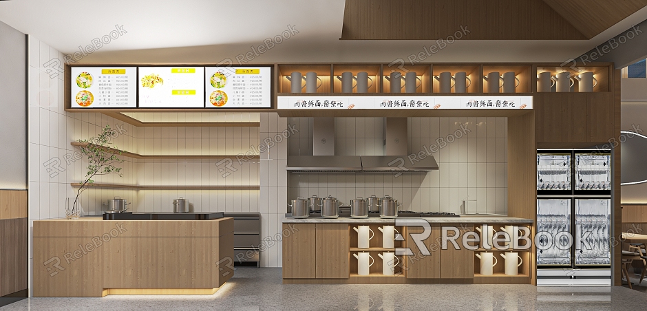 Modern snack bar, noodle shop, fast food restaurant, cashier bar, small shop, restaurant, dining table and chairs model