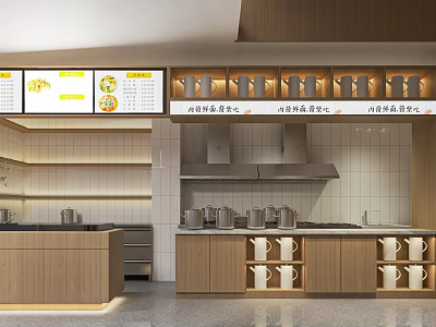 Modern Mall Food Shop Interior With Menu Boards Kitchen Counter And Utensils 3d model