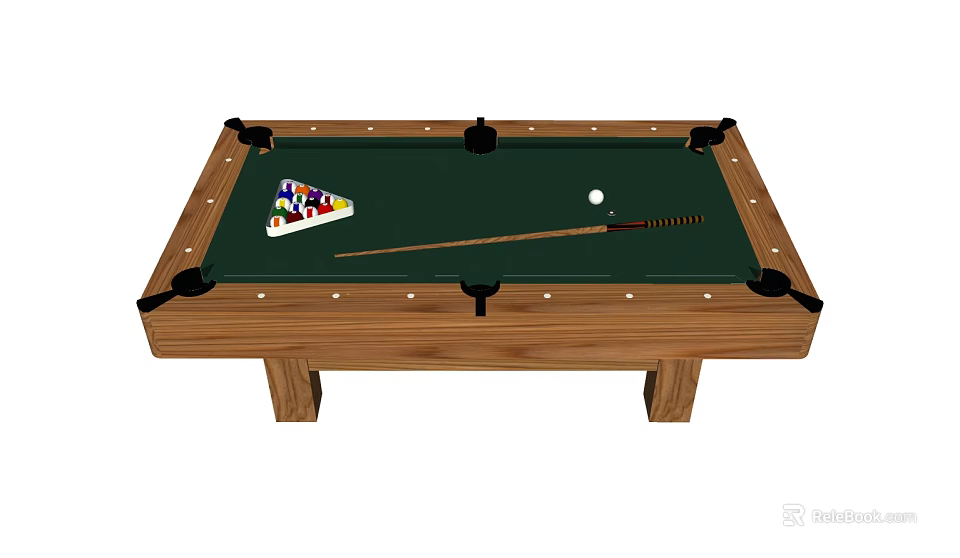 Billiard Table With Wooden Frame Green Felt Surface Pool Balls Cue Stick And Triangle Rack 3d model 
