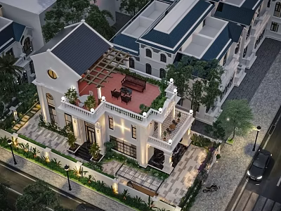 Luxurious Villa Garden Landscape Design With Courtyard Green Plants And Roof Terrace Lighting 3d model