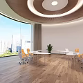 Modern Conference Room With Circular Wooden Ceiling Large Screen White Table Yellow Chairs City View