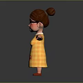 Cartoon Woman Wearing Glasses In Yellow Plaid Dress With Red Buttons Red Shoes Arms Outstretched