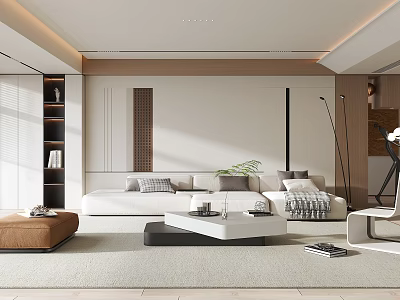 Modern Living Room Interior Design With White Sofa Coffee Table Bookshelf And Light Rug 3d model