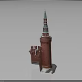 Red Tower Architectural Design with Green Spire and Historic Structure Details