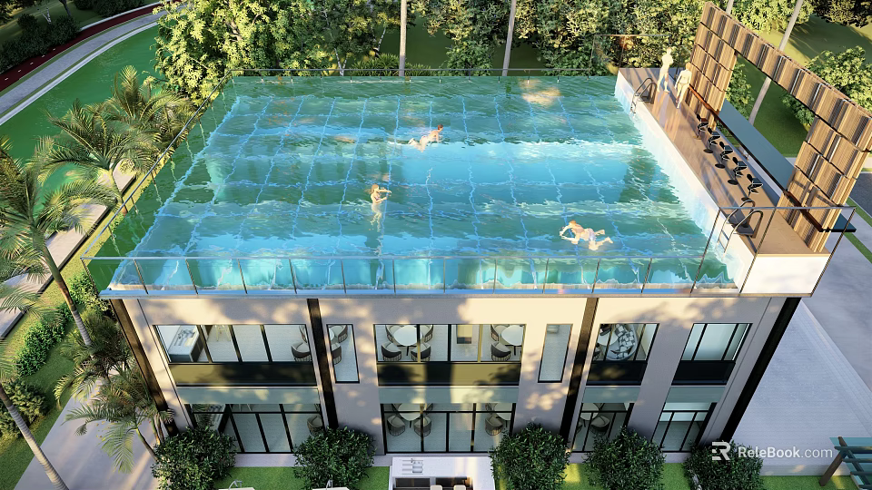Roof Top Transparent Swimming Pool With People Swimming And Greenery Around Building 3d model 