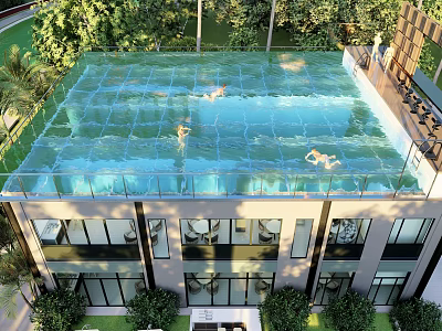 Roof Top Transparent Swimming Pool With People Swimming And Greenery Around Building 3d model