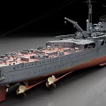Detailed Warship With Gray And Red Hull Turrets And Upper Deck Structure