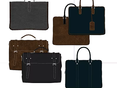 Stylish Leather Briefcases In Black Brown And Dark Blue With Handles And Tags 3d model