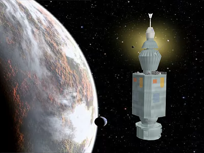 Cartoon Space Scene With Large Planet Satellite And Space Station In Starry Background 3d model