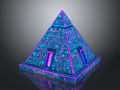 Neon Purple Blue Pyramid Structure With Circuit Patterns And Reflective Base 3d model