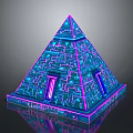 Neon Purple Blue Pyramid Structure With Circuit Patterns And Reflective Base
