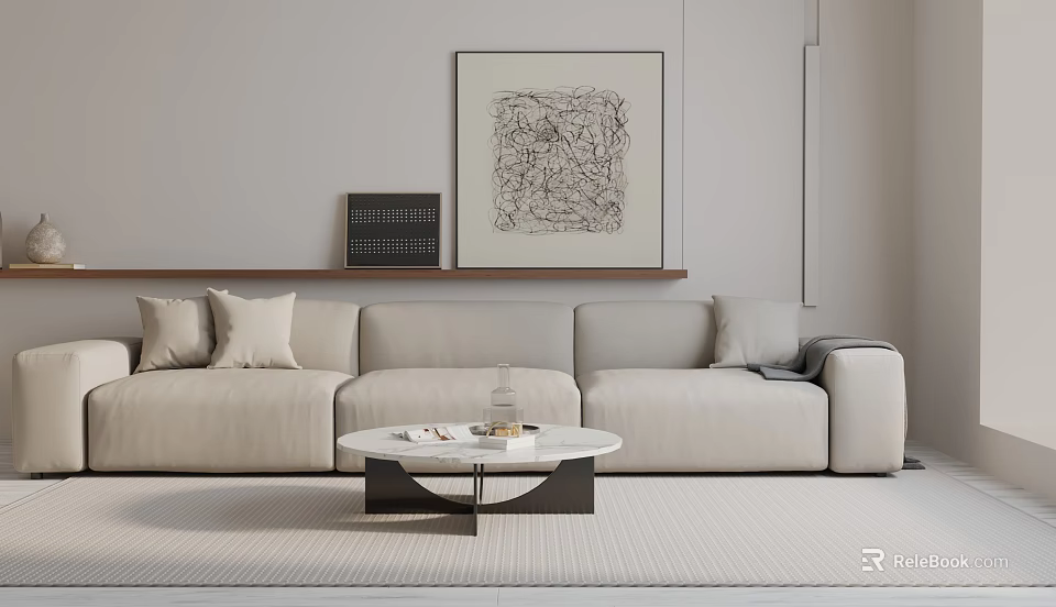 Beige Three Seater Sofa With Cushions And Round Coffee Table And Abstract Wall Art Decor 3d model 