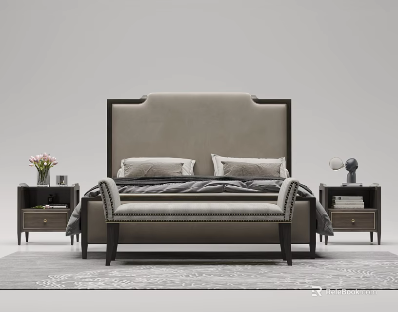 Elegant Modern Double Bed With Gray Headboard Wooden Frame Footstool Nightstands And Rug 3d model 