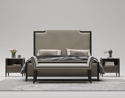 Elegant Modern Double Bed With Gray Headboard Wooden Frame Footstool Nightstands And Rug 3d model