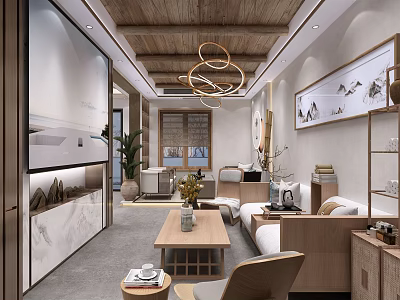 Modern Chinese Living Room Interior With Wooden Ceiling Circular Pendant Lights Sofa And Coffee Table 3d model