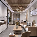 Modern Chinese Living Room Interior With Wooden Ceiling Circular Pendant Lights Sofa And Coffee Table