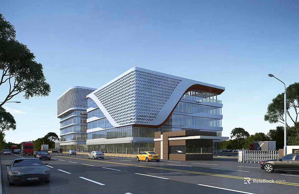Aerial Planning for Modern Office Building with Glass Facade Road and Green Landscaping 3d model 