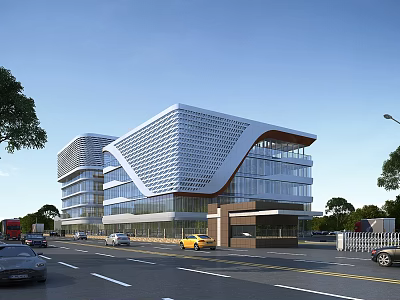 Aerial Planning for Modern Office Building with Glass Facade Road and Green Landscaping 3d model