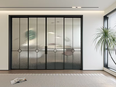Modern Interior Sliding Doors With Frosted Glass And Black Frames Near Green Plant On Carpet 3d model