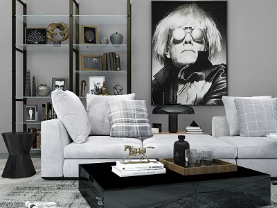 Three Seater Sofa In Modern Living Room With Plush Pillows Black Coffee Table Portrait Art 3d model