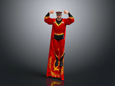 Powerful Game Movie Character In Red Costume With Black Cape And Gold Accents Flexing Muscles 3d model