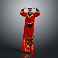 Powerful Game Movie Character In Red Costume With Black Cape And Gold Accents Flexing Muscles