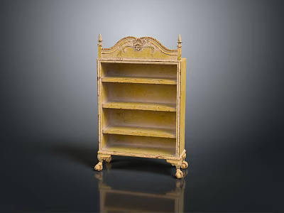 Antique Yellow Etagere With Carved Top Multiple Shelves And Wheeled Base 3d model