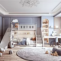 Kids Room With Bunk Bed Slide Round Rug Toys Bookshelf And Chandelier Design