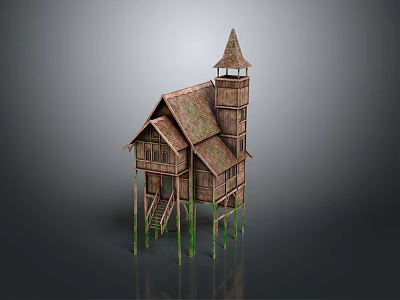 Traditional Wooden Stilt House With Pointed Tower Thatched Roof And Green Stilts 3d model