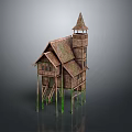 Traditional Wooden Stilt House With Pointed Tower Thatched Roof And Green Stilts