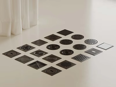 Various Black Metal Floor Drain Covers With Different Patterns And Shapes 3d model