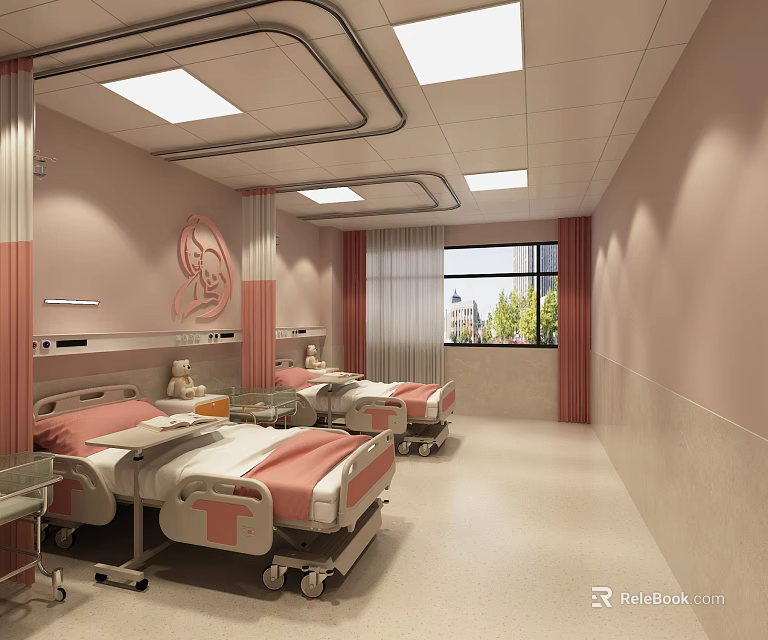 Hospital Ward Interior With Pink Walls Two Beds And Window View 3d model 