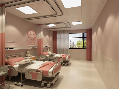 Hospital Ward Interior With Pink Walls Two Beds And Window View 3d model