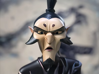 Cartoon Style Male Character Decorative Figurine Set With Topknot Pointed Ears And Stern Expression 3d model
