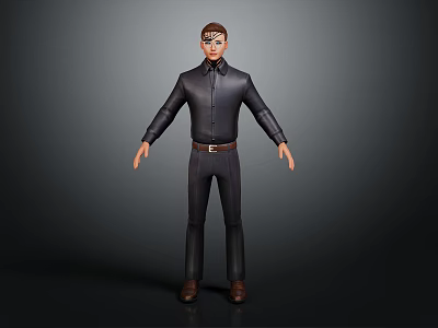 3D Male Character Model Wearing Dark Shirt Pants Belt And Brown Shoes Standing Pose 3d model