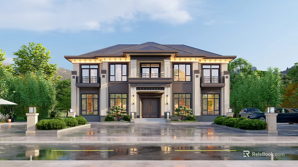 Detached Villa Two Story Traditional Exterior With Entrance Windows Greenery Driveway And Natural Surroundings 3d model 