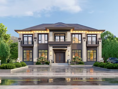 Detached Villa Two Story Traditional Exterior With Entrance Windows Greenery Driveway And Natural Surroundings 3d model