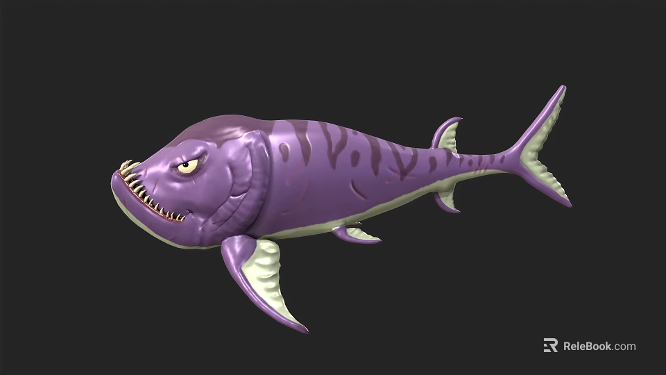 Purple Striped Fantasy Fish With Large Mouth Sharp Teeth And Fins 3d model 