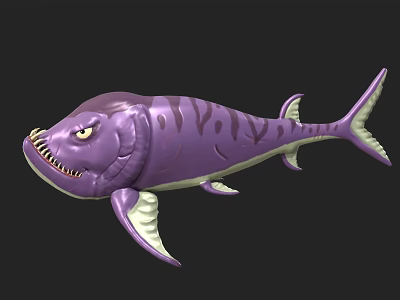 Purple Striped Fantasy Fish With Large Mouth Sharp Teeth And Fins 3d model