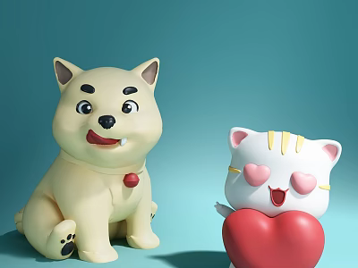 Yellow Dog And White Cat Plush Toys With Red Heart On Light Blue Background 3d model