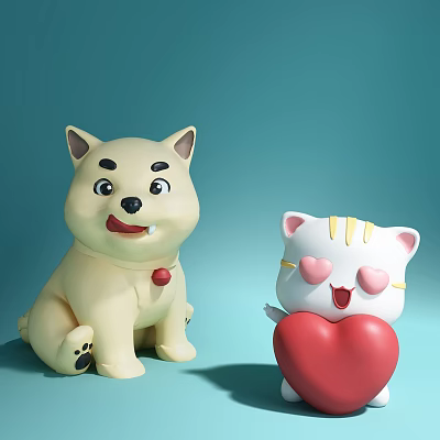 Yellow Dog And White Cat Plush Toys With Red Heart On Light Blue Background 3d model