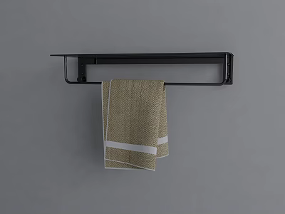Hanging Beige Towel With White Stripes on Black Towel Rack Against Grey Background 3d model