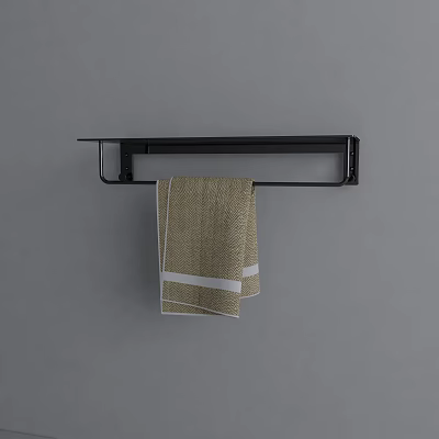 Hanging Beige Towel With White Stripes on Black Towel Rack Against Grey Background 3d model