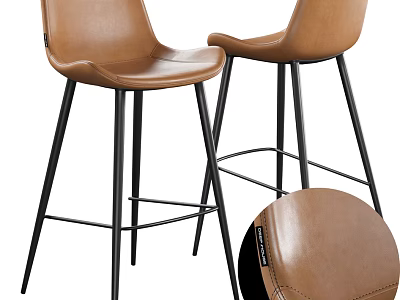Modern Brown Leather Bar Stools With Black Metal Legs And Comfortable Seats 3d model
