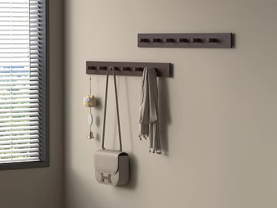 Modern Minimalist Wall Hook Racks With Bag Scarf And Small Decorations By Window With Blinds 3d model