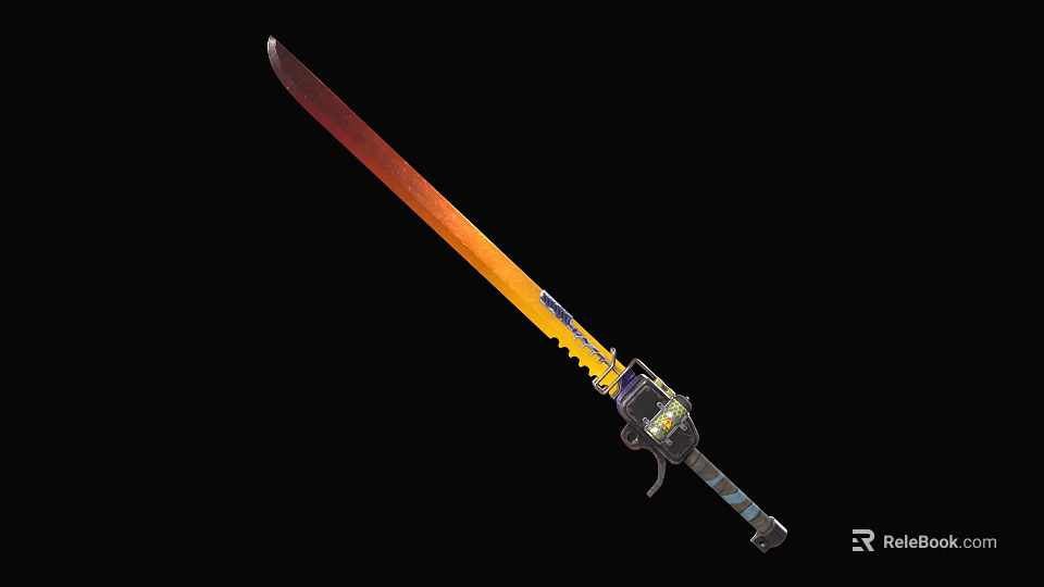 Fantasy Sword With Gradient Red Yellow Blade Serrated Edge And Striped Handle 3d model 