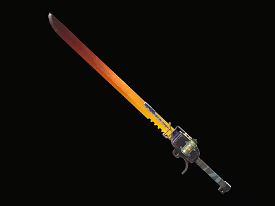 Fantasy Sword With Gradient Red Yellow Blade Serrated Edge And Striped Handle 3d model