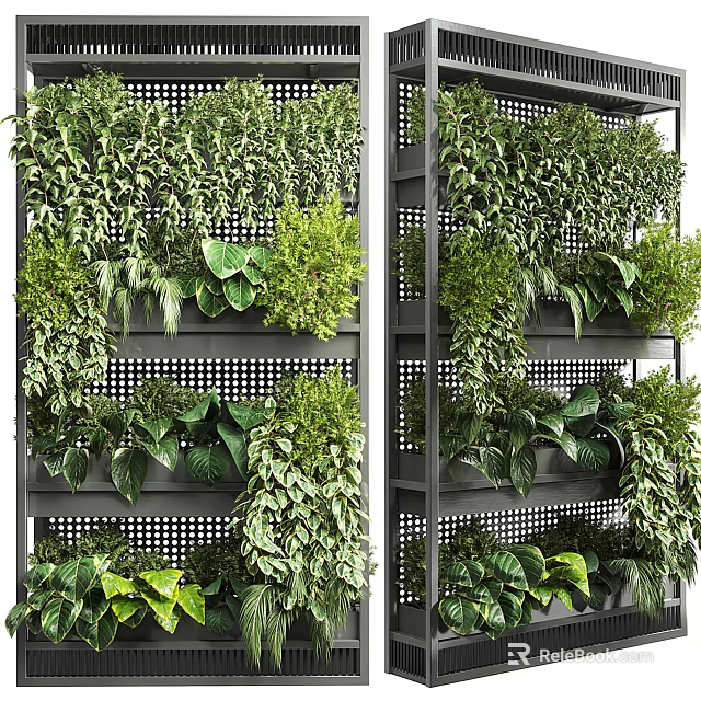 Lush Green Plant Wall With Diverse Greenery And Grid Panel Structure Design 3d model 