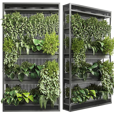 Lush Green Plant Wall With Diverse Greenery And Grid Panel Structure Design 3d model